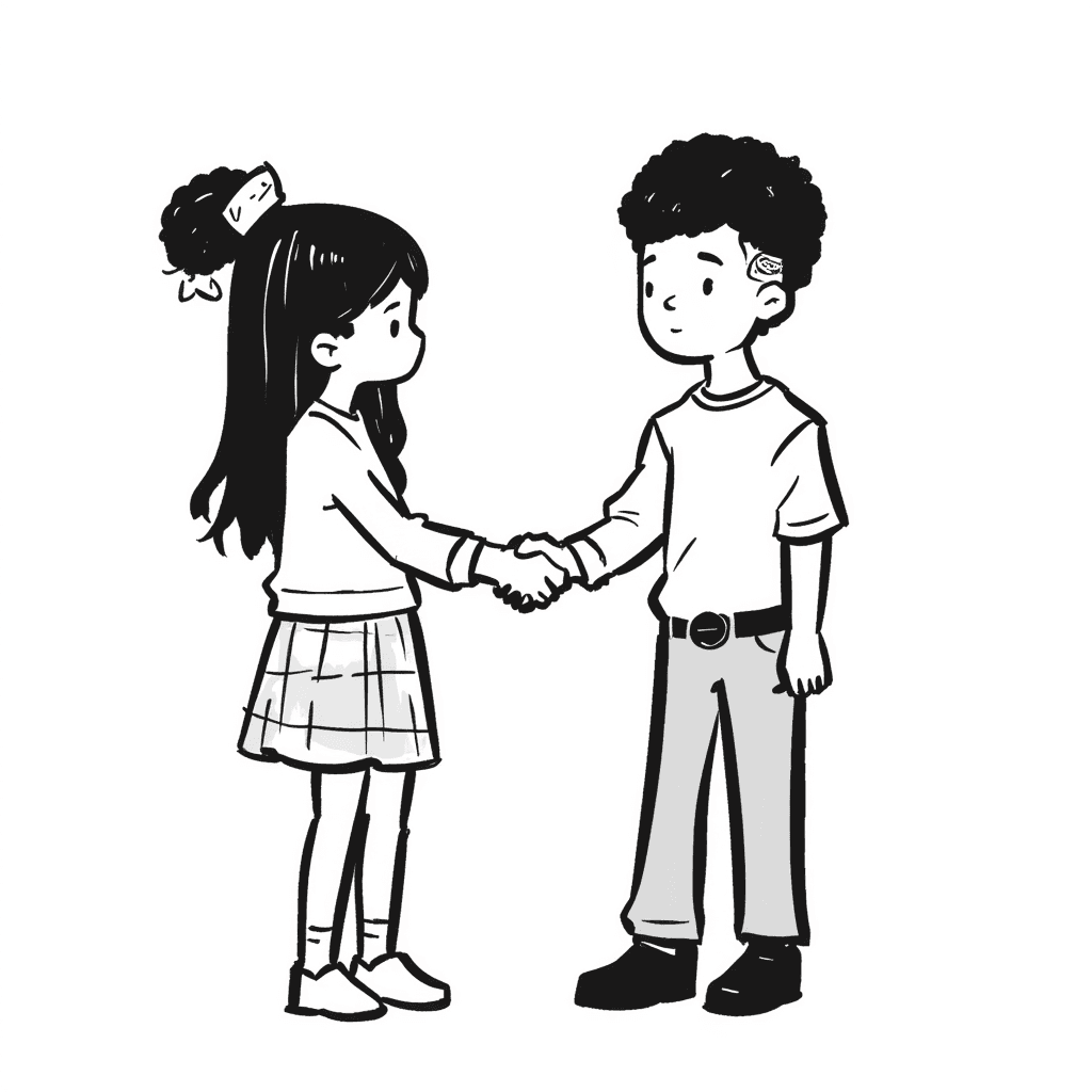 Drawing of girl and boy shaking hands