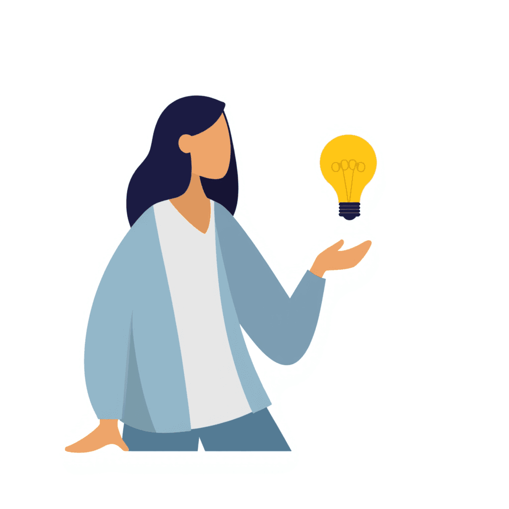 illustration of woman having an idea, holding a bulb in her hand