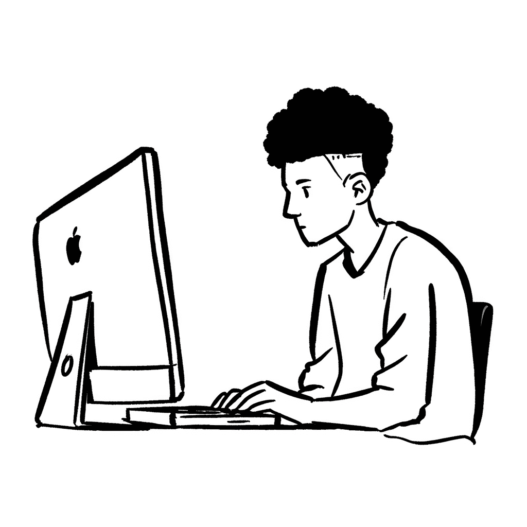 Drawing of a student using an iMac