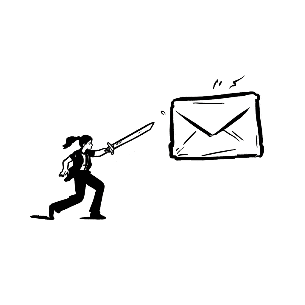 Drawing of woman sword fighting a big envelope