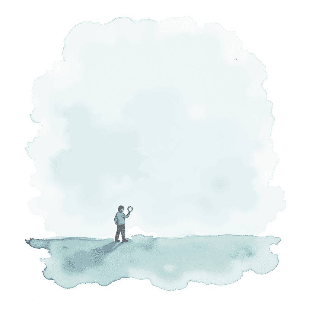 Painting ofa person searching with looking glass