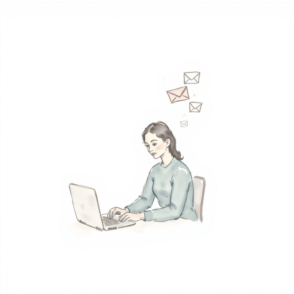 Painting ofyoung woman doing email marketing