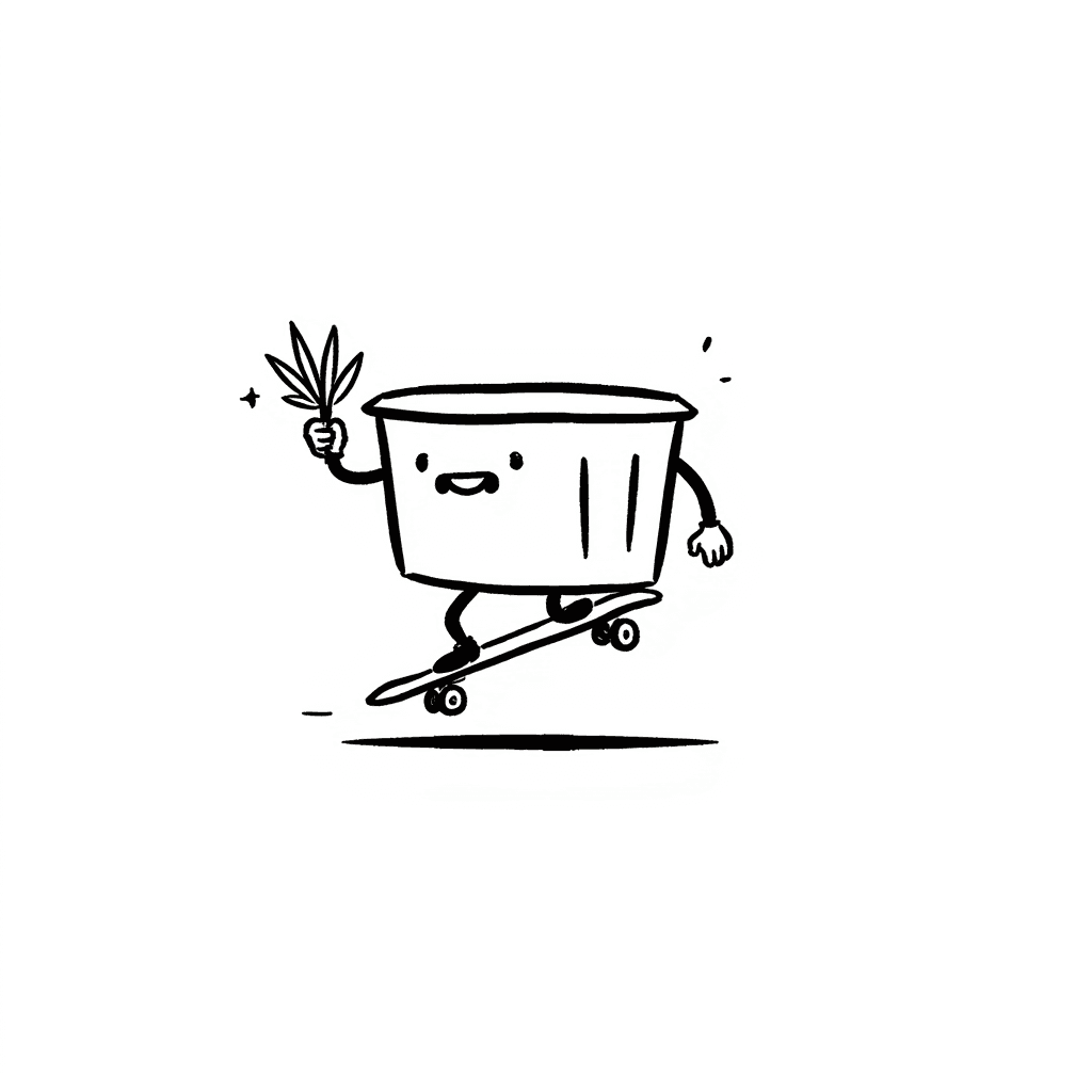 Illustration of Bin Riding a Skateboard