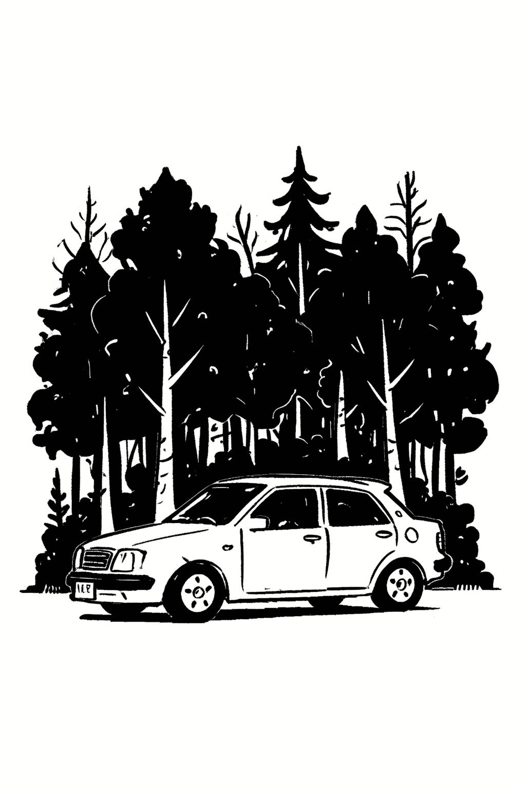 Illustration of Car Parked in a Forest