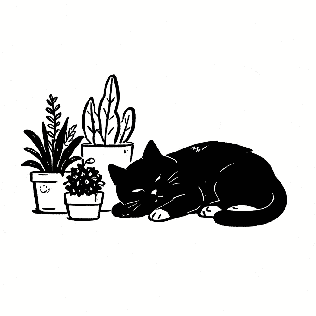 Illustration of Cat Sleeping by Plants