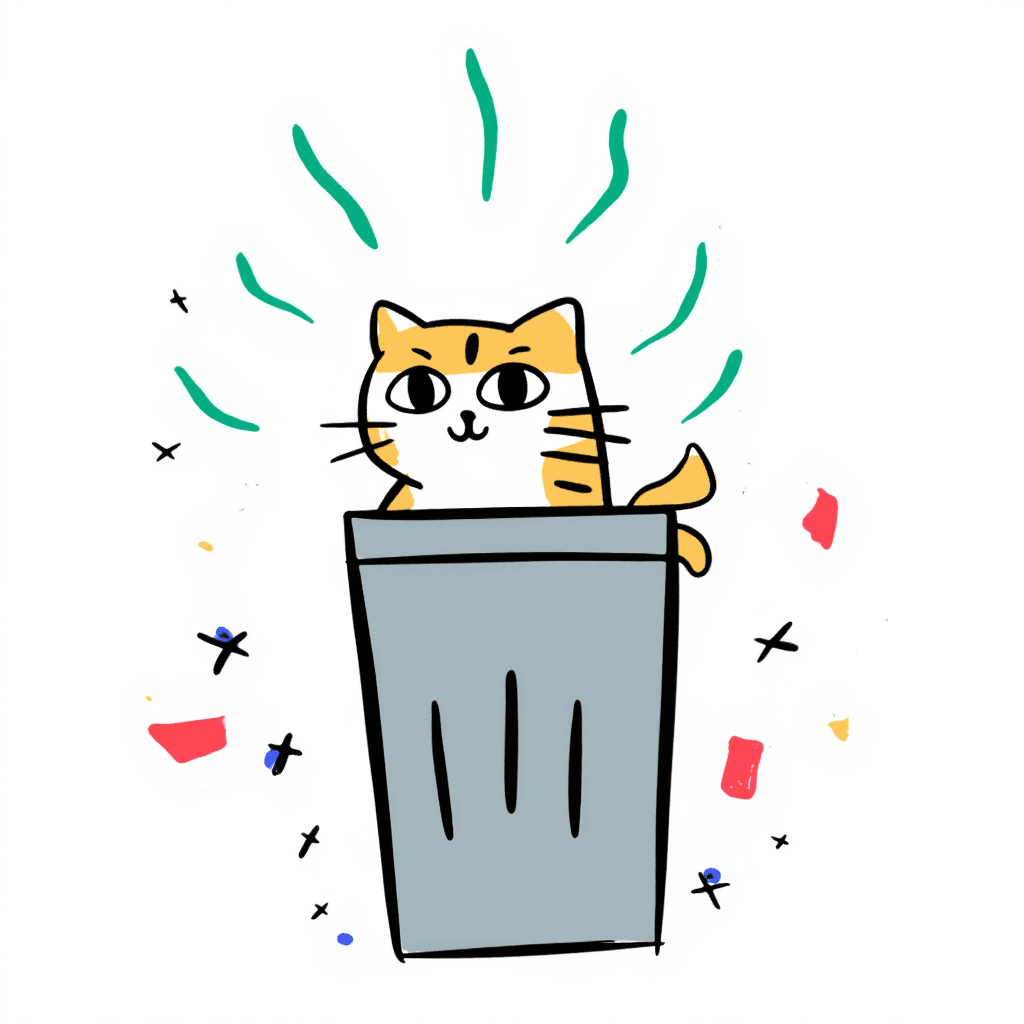 Illustration of Cat in Trash Bin