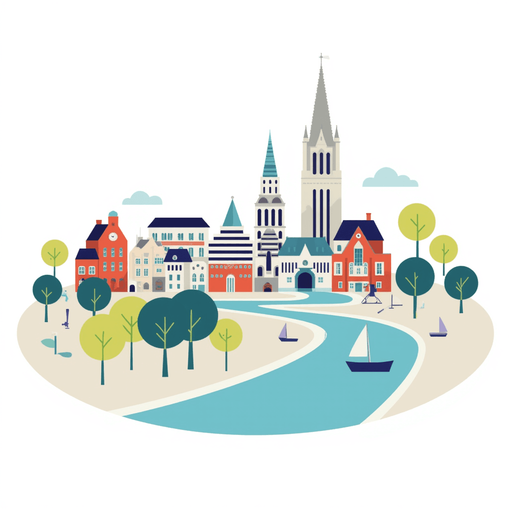 Illustration of Colorful Riverside Town