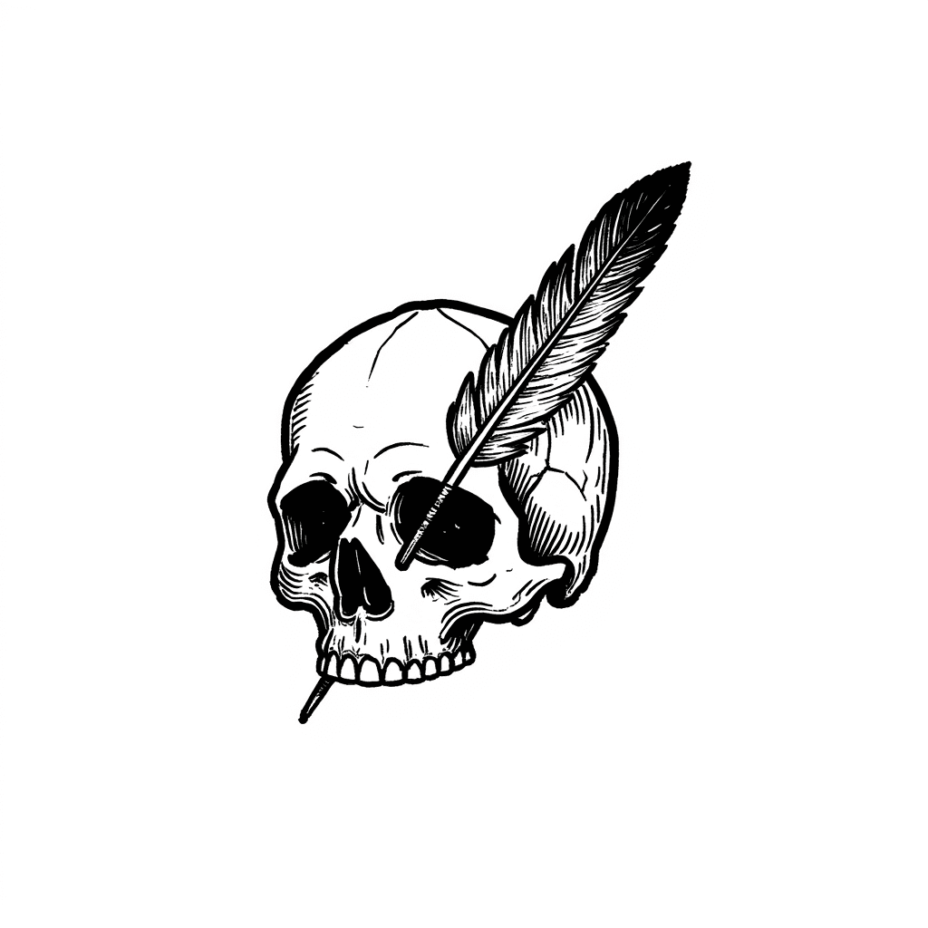 Illustration of Feather Pen and Skull Art