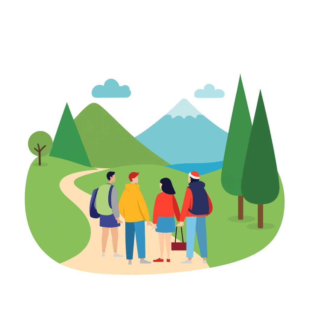 Illustration of Friends Hiking in Nature