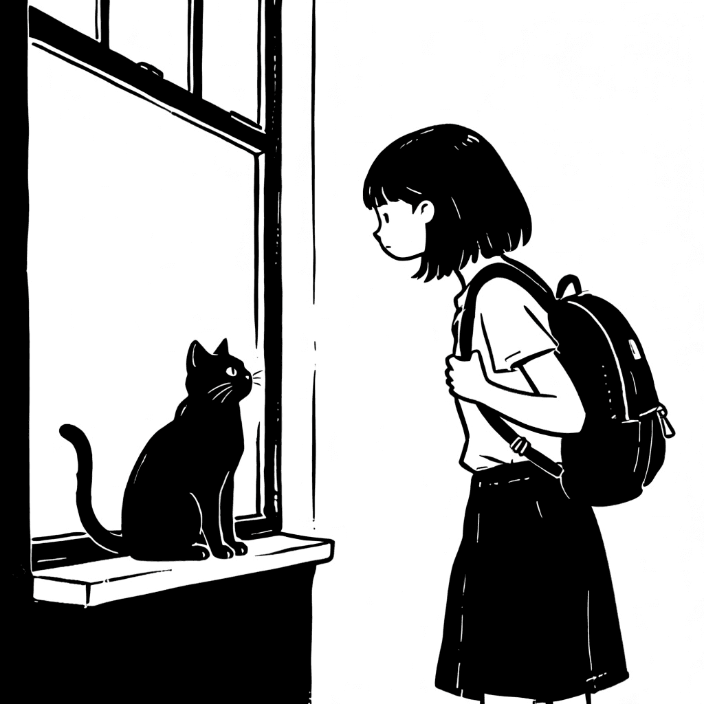 Illustration of Girl and Judging Cat