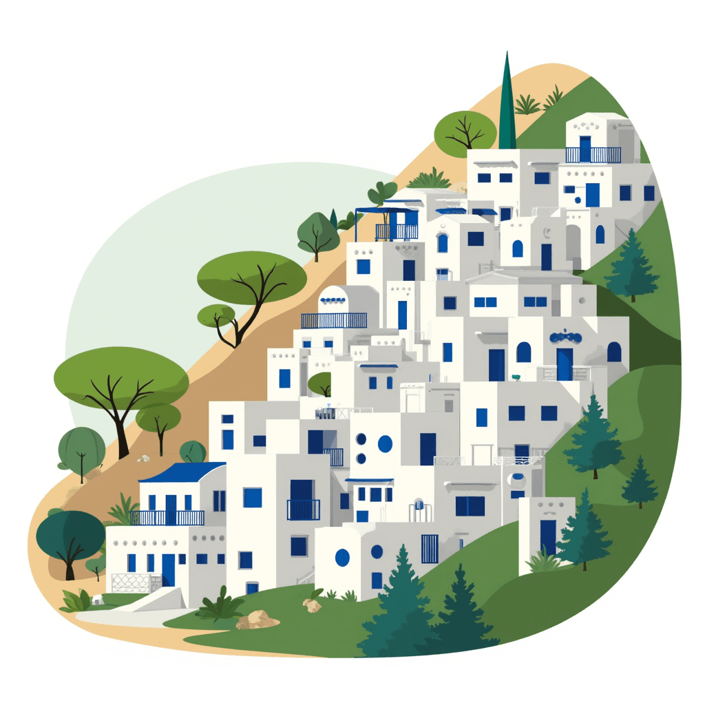 Illustration of Greek Village in Rhodes