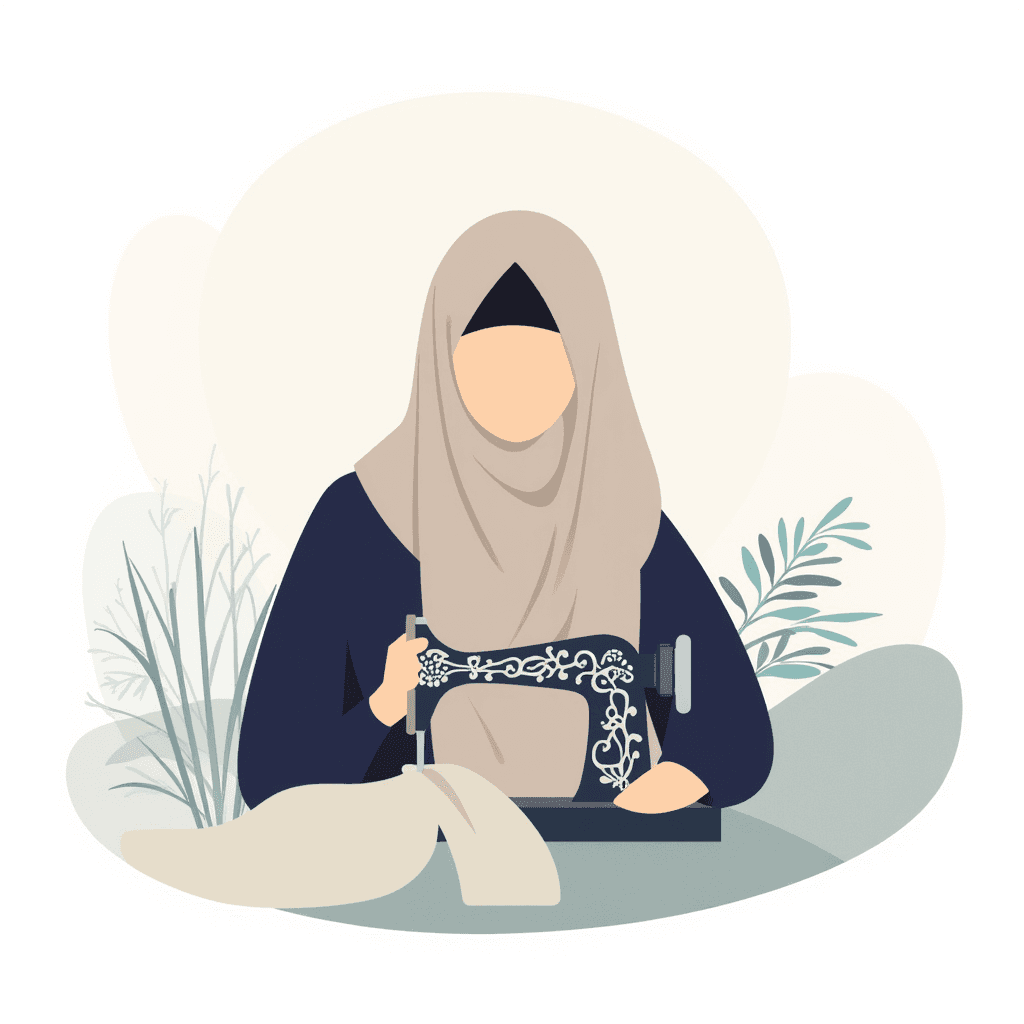 Illustration of Woman Sewing in Mist