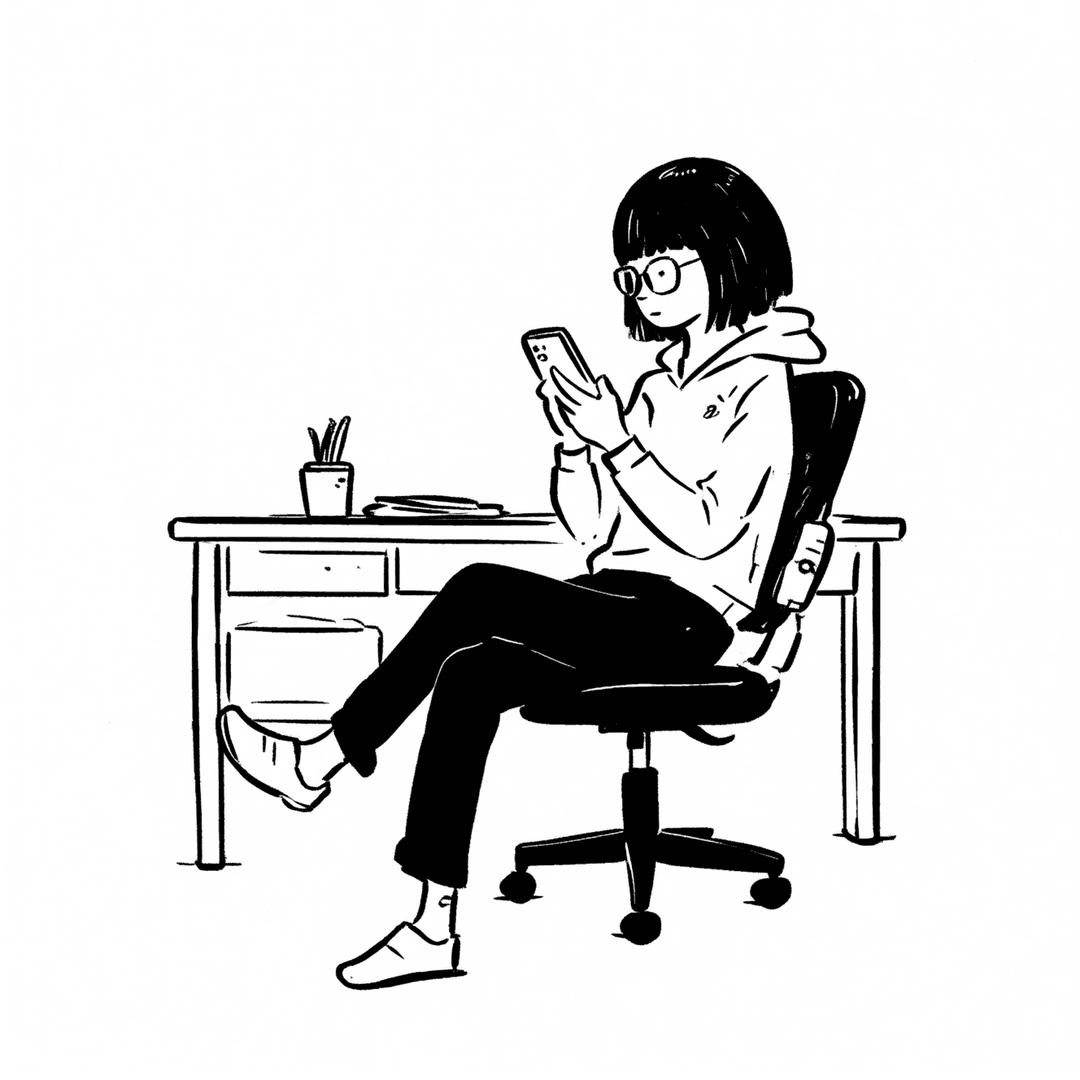 Illustration of Woman Using Phone at Desk