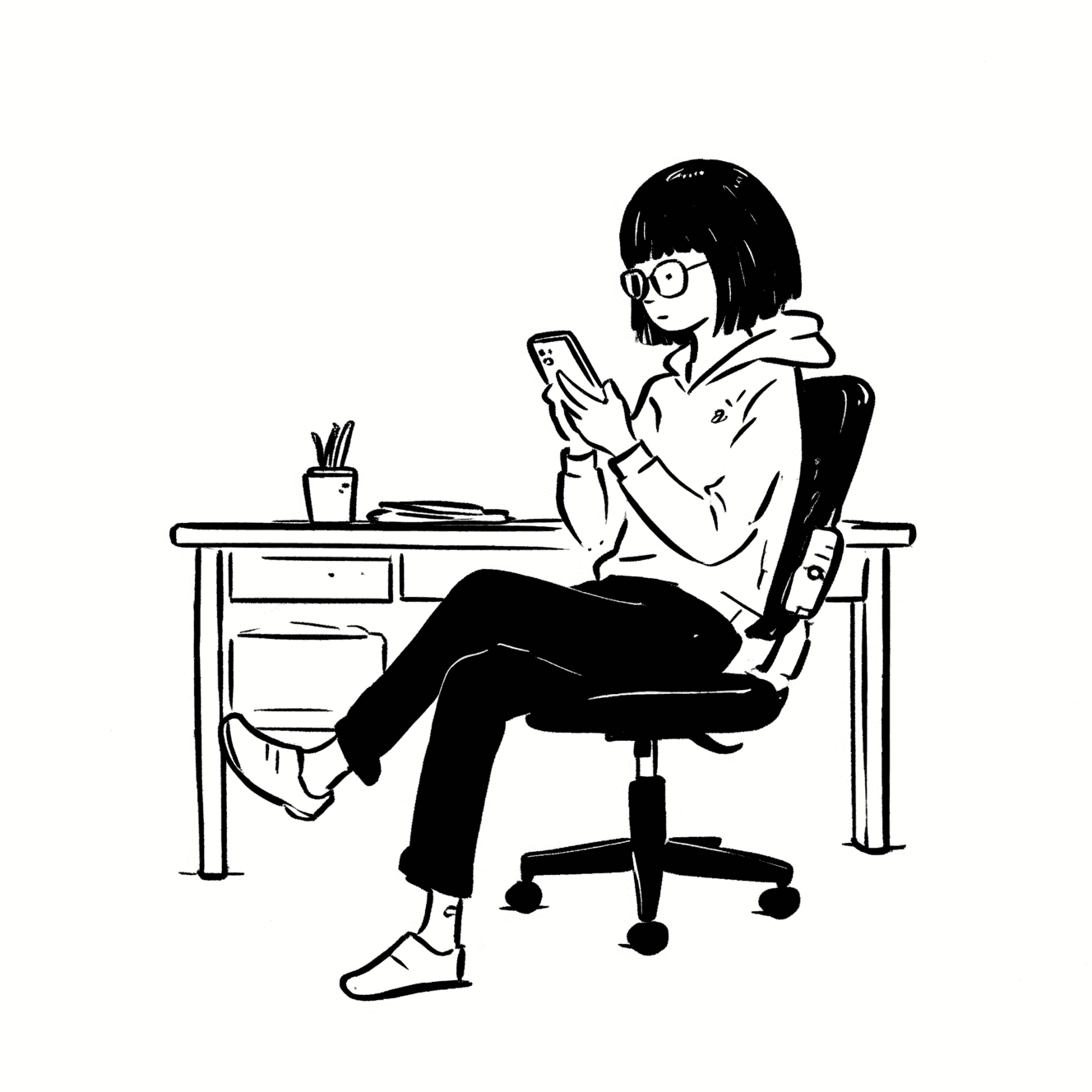 Illustration of Woman Using Phone at Desk