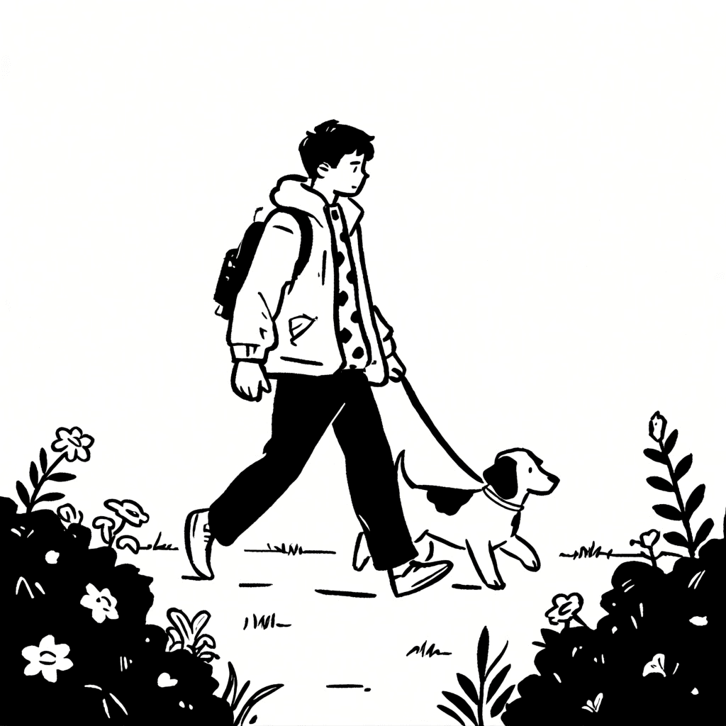 Illustration of man walking dog in garden