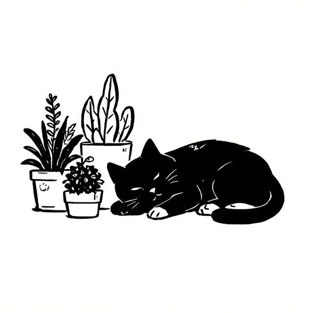 A cat sleeping beside potted plants