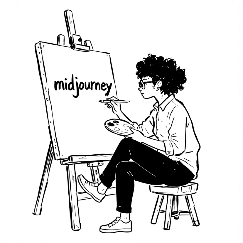 woman drawing on a canvas the word midjourney