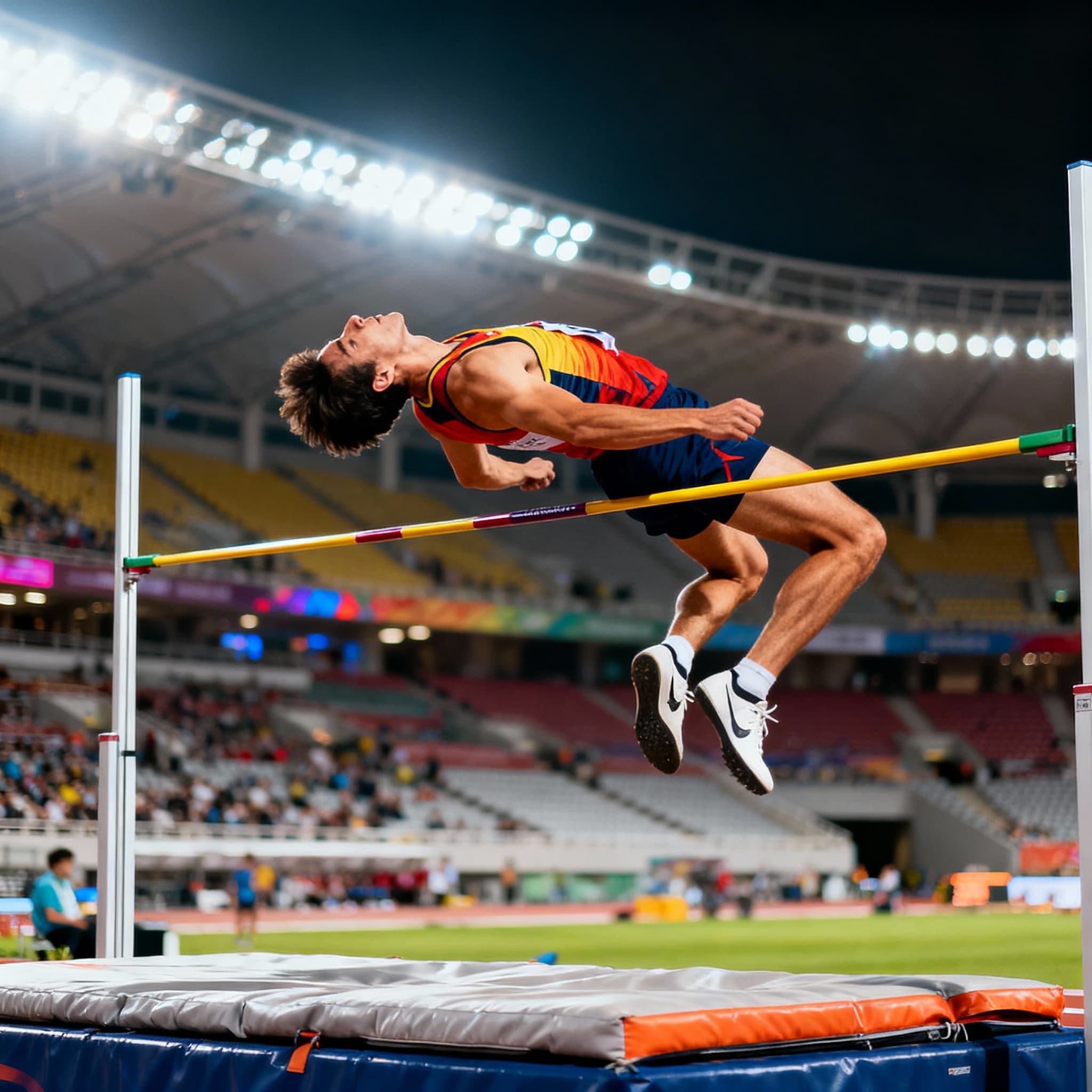 photo ofa man doing high jump at a stadium. His back is arched over the high jump bar