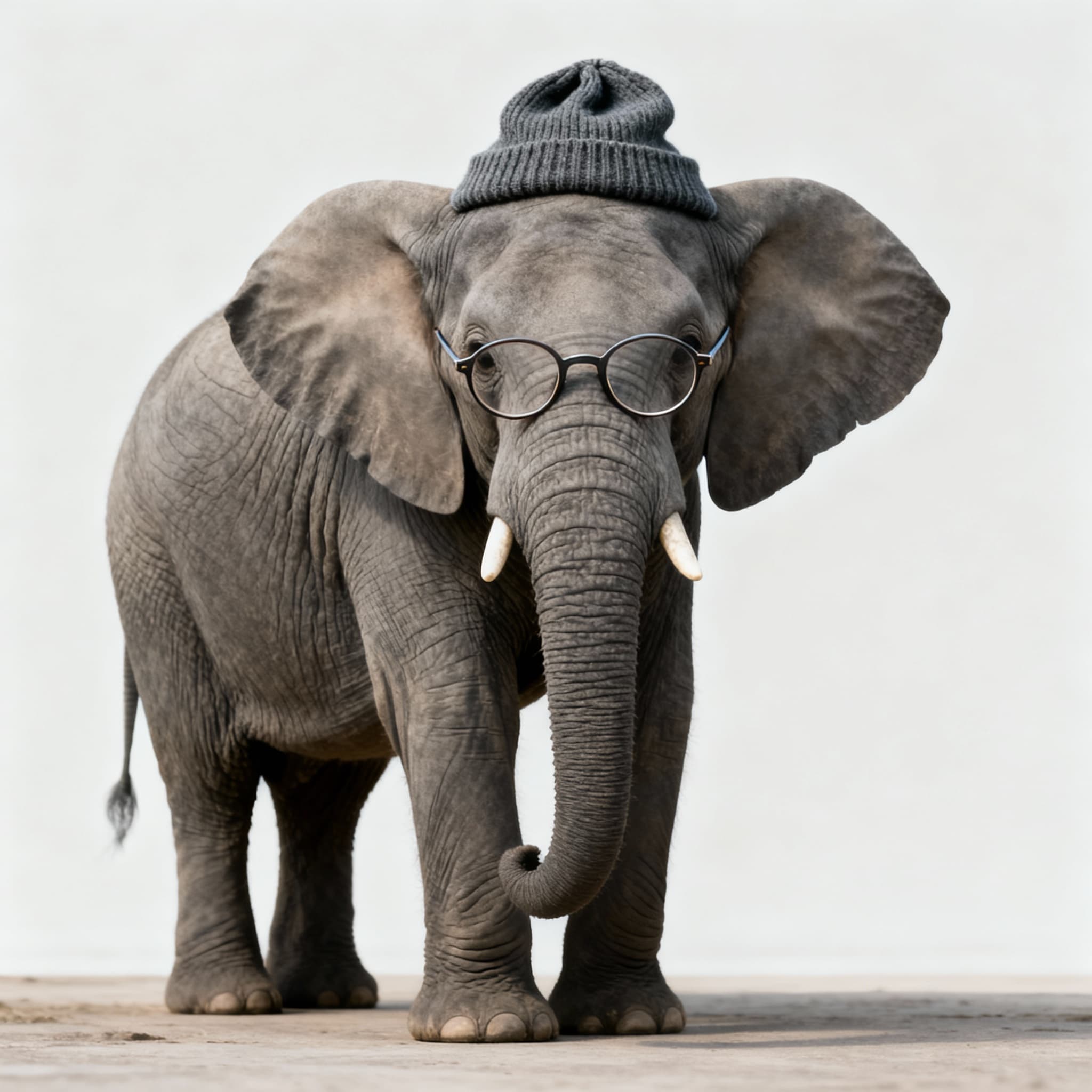 photo ofelephant wearing glasses and a beanie, full body