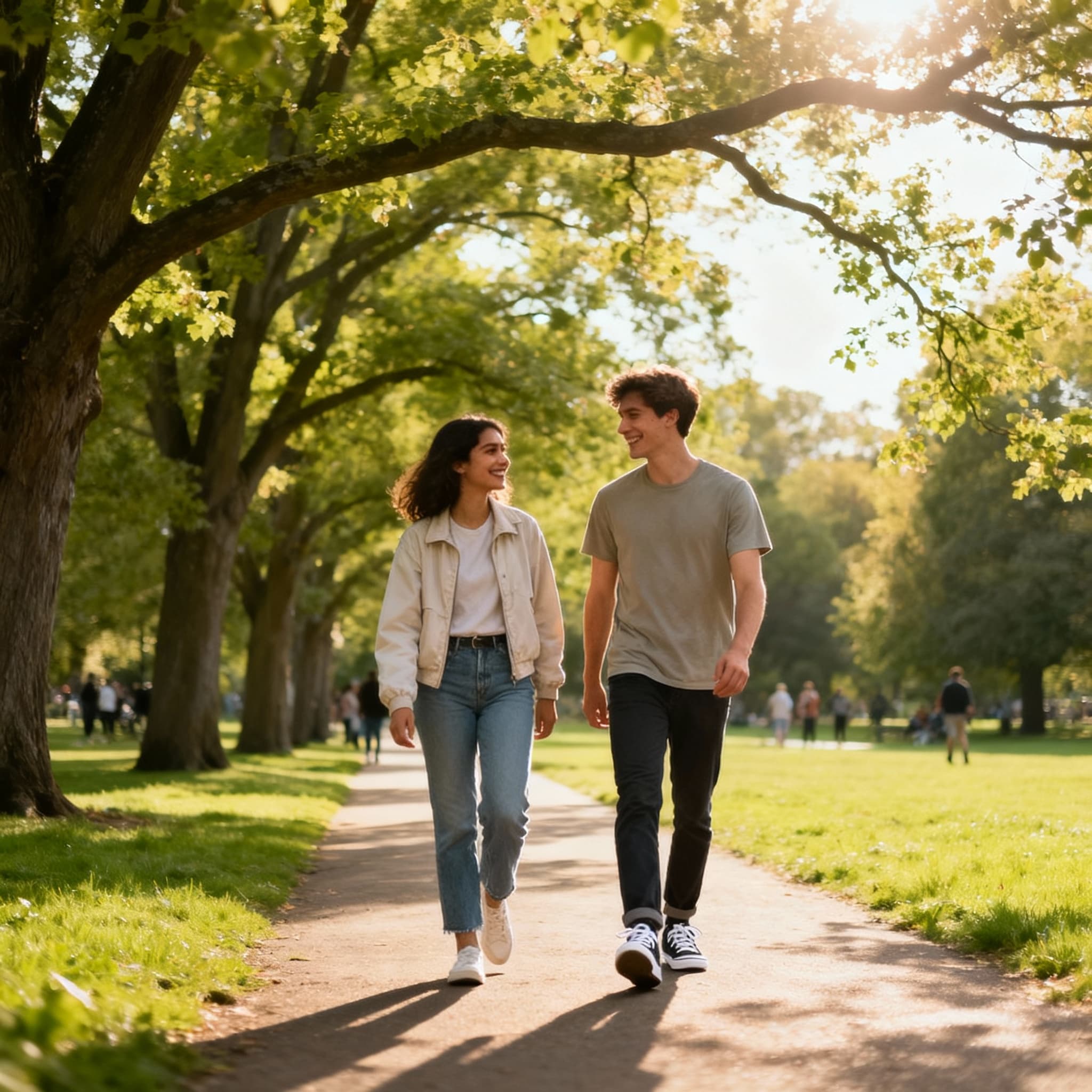 photo ofyoung man and woman walking in the park