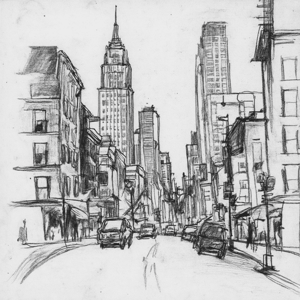 Sketch ofa busy street in new york