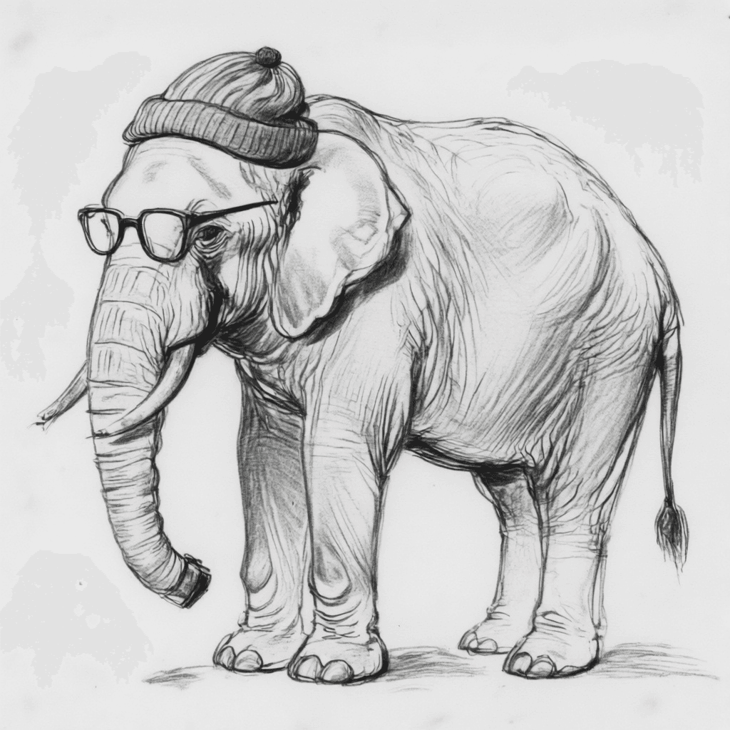 Sketch ofelephant wearing glasses and a beanie, full body